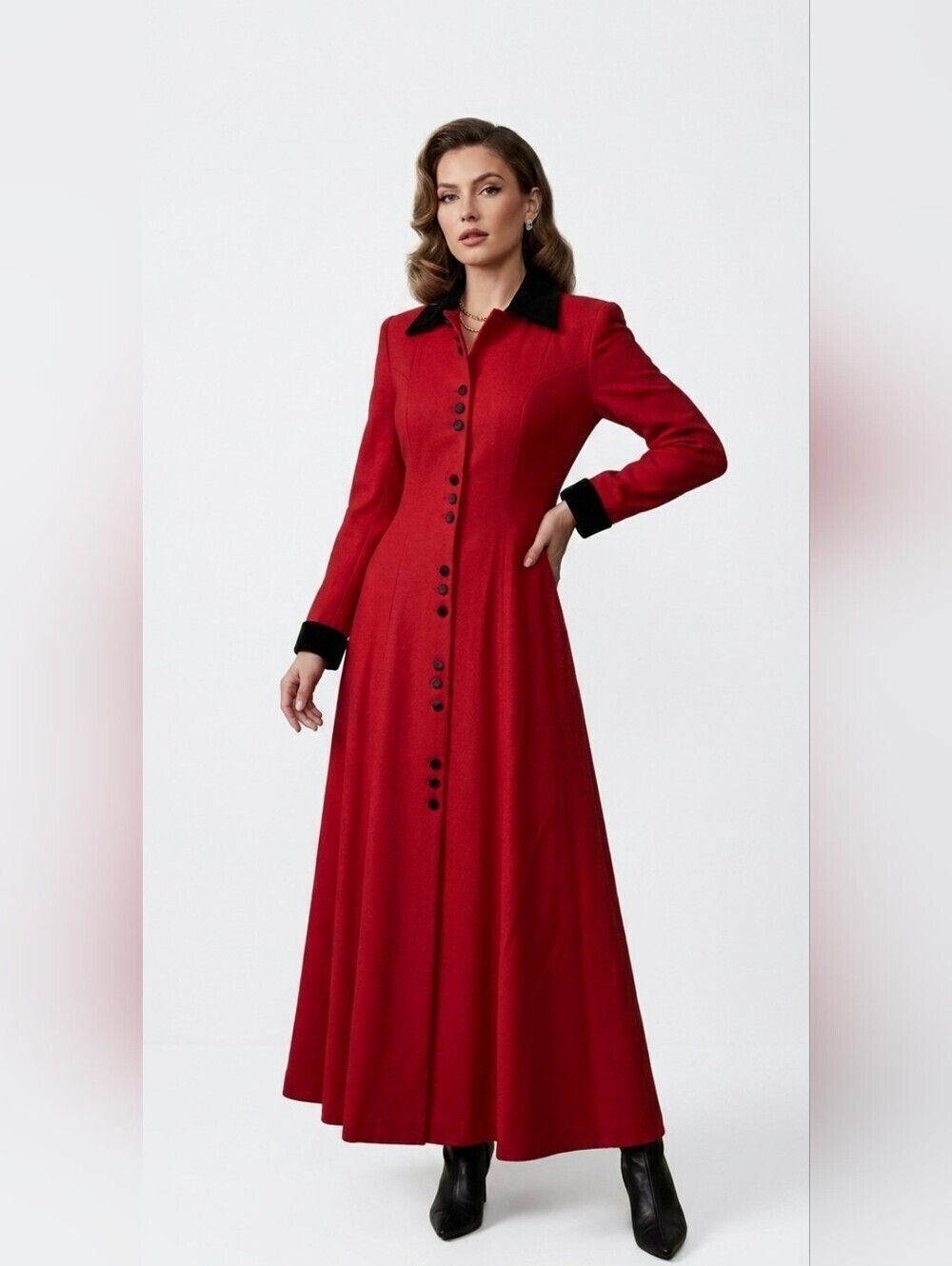 Vintage Gothic Red Long Trench Black Velvet Victorian Steampunk Maxi Coat S/M